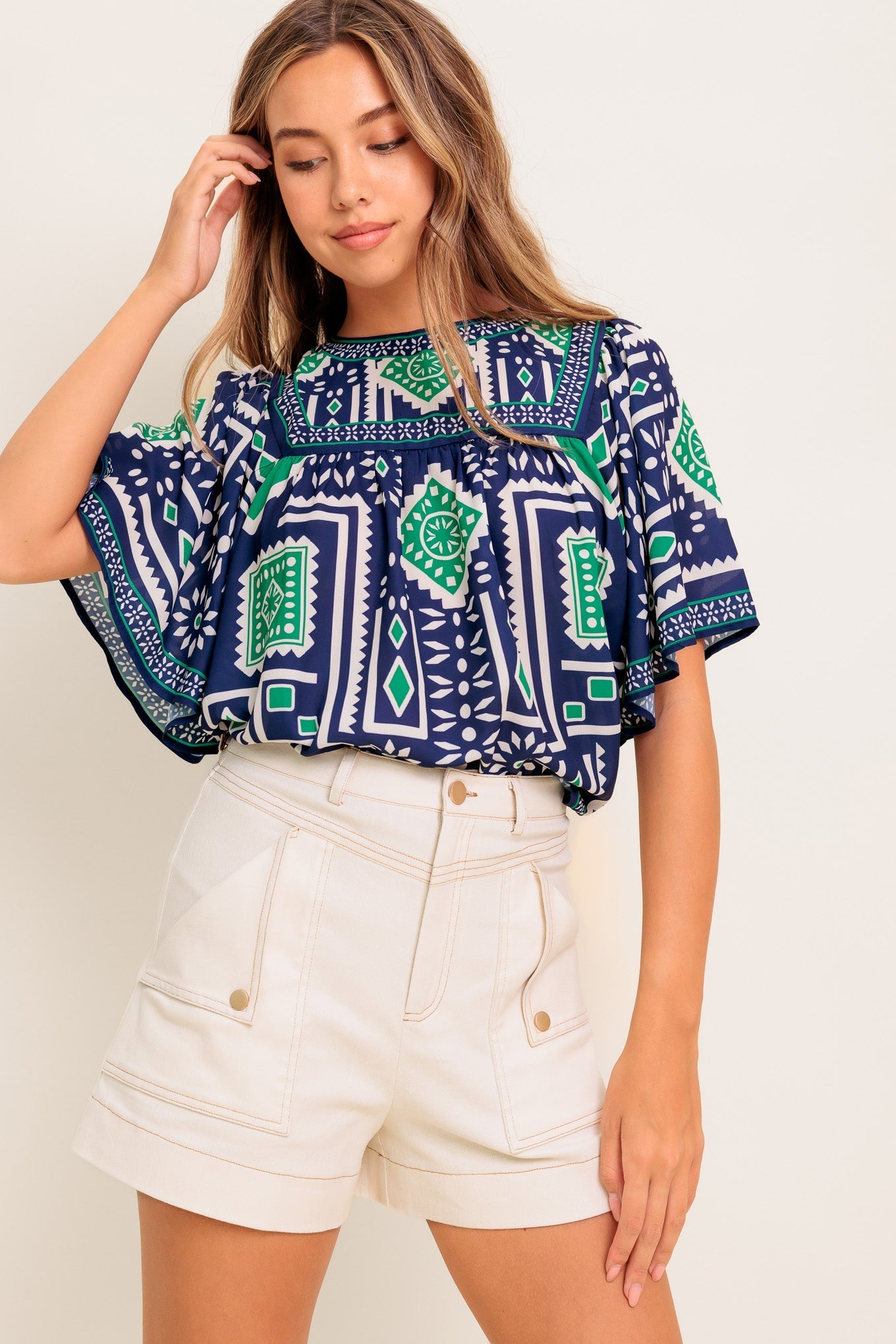 TILE ESCAPE EMBROIDERED WOVEN TOP Flying Tomato